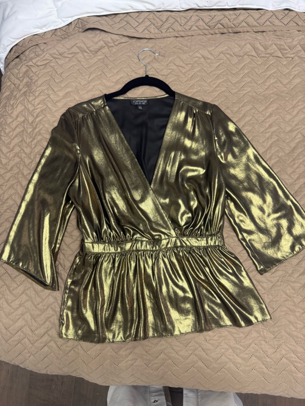 Topshop Shimmery Gold Wrap Peplum Top